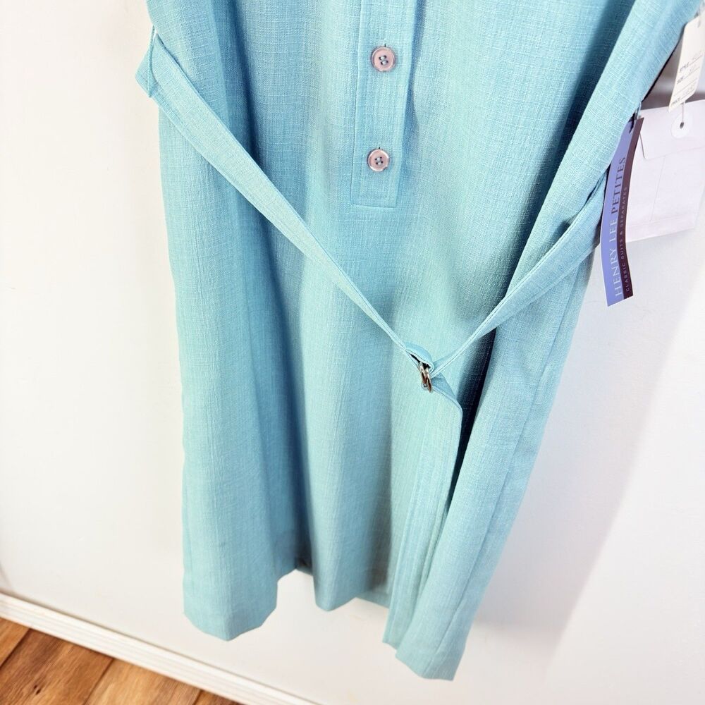 Henry Lee Dress Vintage Size 8P Aqua Blue Short Sleeve Midi Sheath Belted - Picture 8 of 13